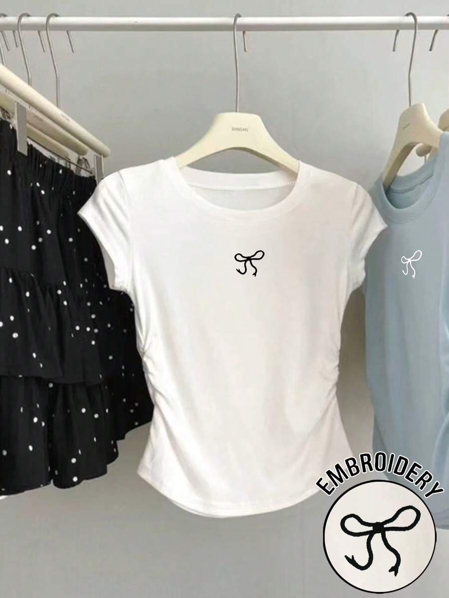 Resyla 女士夏季休闲蝴蝶印花系带T恤，修身设计 - 白色 - 查看 1