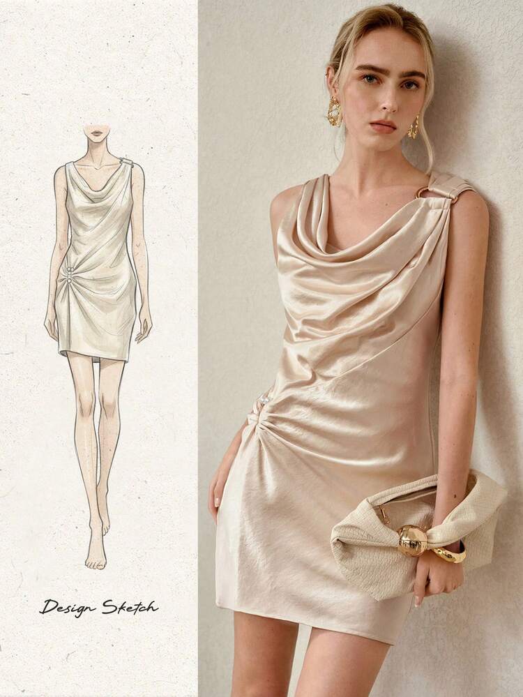 WOMEN'S AUTUMN/WINTER DRAPED NECK STRUCTURED SHORT DRESS