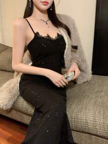 DAZY Đầm maxi nữ đính sequin ren, thắt eo, chất liệu mềm mại. - màu đen - Xem 2