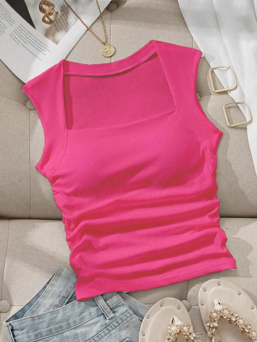 Comfortcana Women's Solid Color Ruched Casual Versatile Top For Dating & Outings - Watermelon Pink - View 1