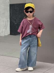 Young Boy Elastic Waist Pockets Wide Leg Loose Casual Versatile Jeans - Blue - View 3