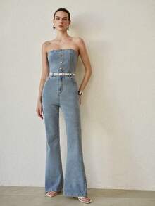 MOTF PREMIUM HALF BUTTON PLACKET FLARE LEG TUBE DENIM JUMPSUIT - Baby Blue - View 5