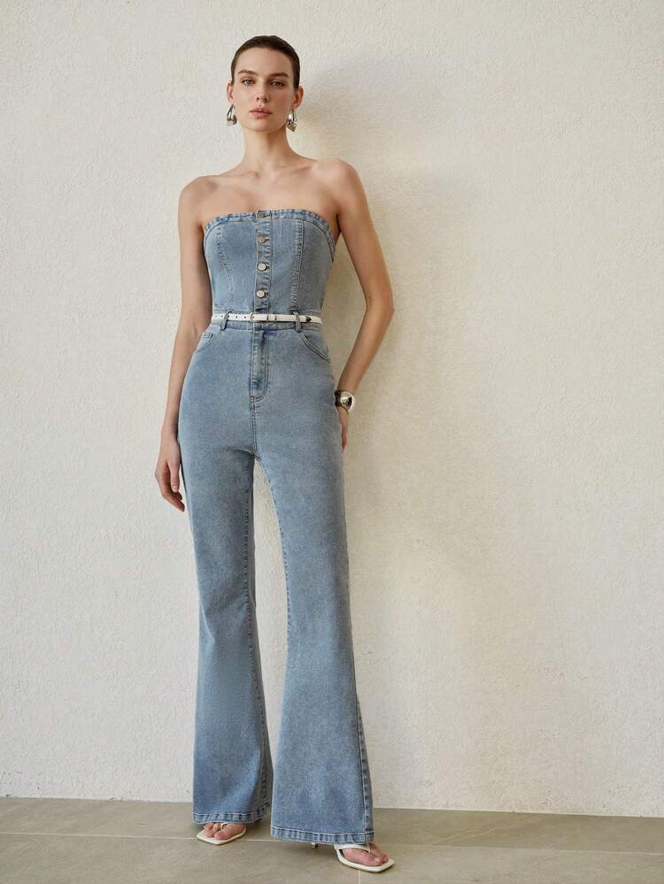 HALF BUTTON PLACKET FLARE LEG TUBE DENIM JUMPSUIT