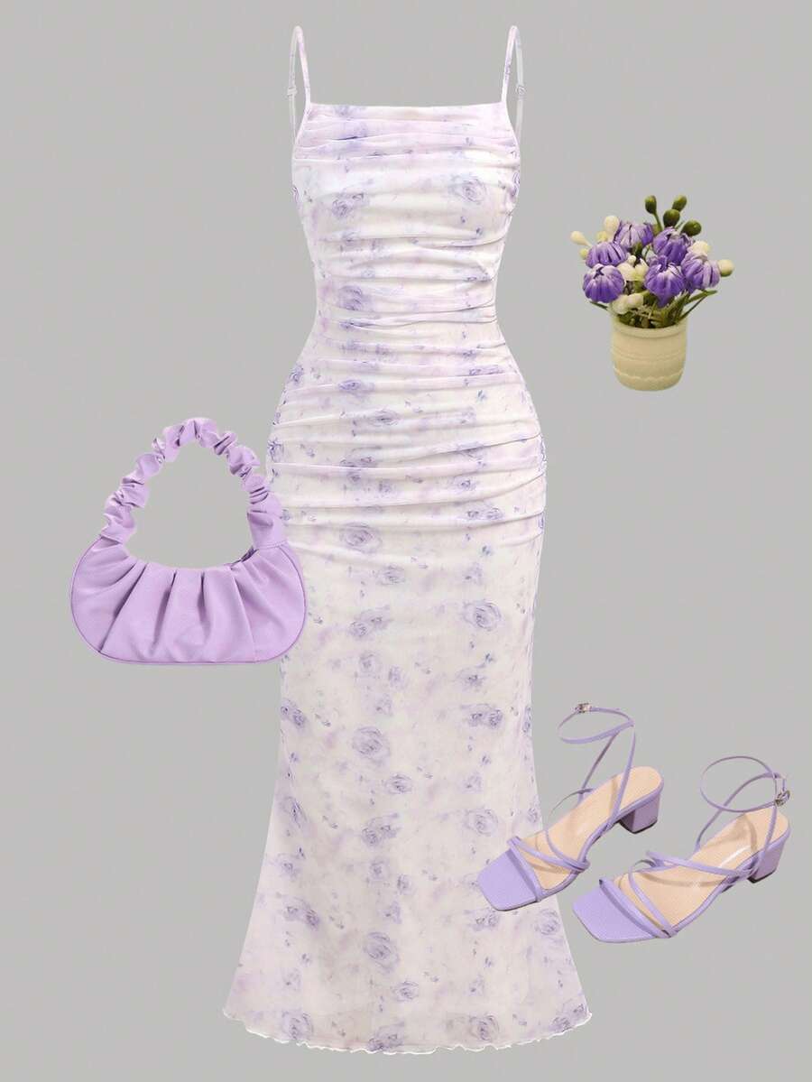 Girlism Vestido casual con volantes y malla con estampado floral para niñas preadolescentes, color lavanda - Púrpura malva - Ver 1