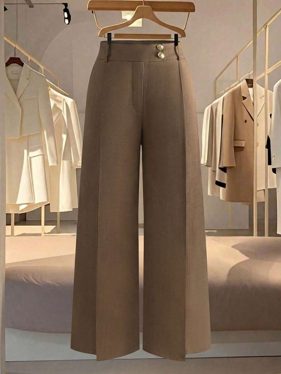 Franclia 女士休闲卡其色直筒阔腿西装裤，适合春夏通勤和外出穿着 - 卡其色 - 查看 1