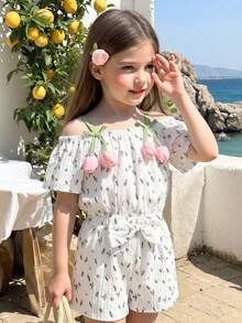 4-8Y 2pcs/Set Girls Summer Matching Floral All-Over Print Jacquard Spaghetti Strap Tulip Flower Ruffle Top & Bow Shorts Set,Family Vacation Holiday - Multicolor - View 1
