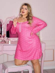 SweetSlumber Plus Size Sweet Ins Heart Print Ribbed Contrast Trim Comfortable Nightgown - Multicolor - View 3