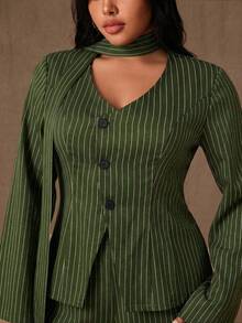 Rustia 大码休闲条纹西装外套+迷你裙两件套 - 軍綠色 - 查看 5