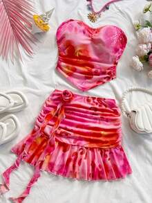 Soleia 女士印花褶皱不对称下摆抹胸上衣和3D立体花卉装饰A字裙时尚套装 - 粉色 - 查看 7