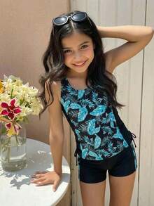 SHEIN 少女修身休闲简约舒适运动圆领无袖侧系带泳衣套装 - 黑色 - 查看 2