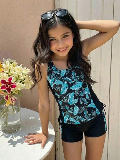 SHEIN Tween Girl Figurnära Avslappnad Minimalistisk Bekväm Sportig Rund Hals Ärmlös Sidoknytning Baddräktsset