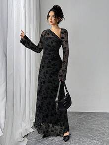 Siren Gaze French-Style Luxury Off-The-Shoulder Velvet Long-Sleeve Evening Gown,Retro Black Floral Printed Slim-Fit Autumn Elegant Dining Banquet Formal Dress - Black - View 6