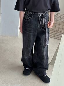 DAZY Tween Boy Pocketed Button Casual Versatile Daily Wear Wide Leg Jeans - Black - View 1