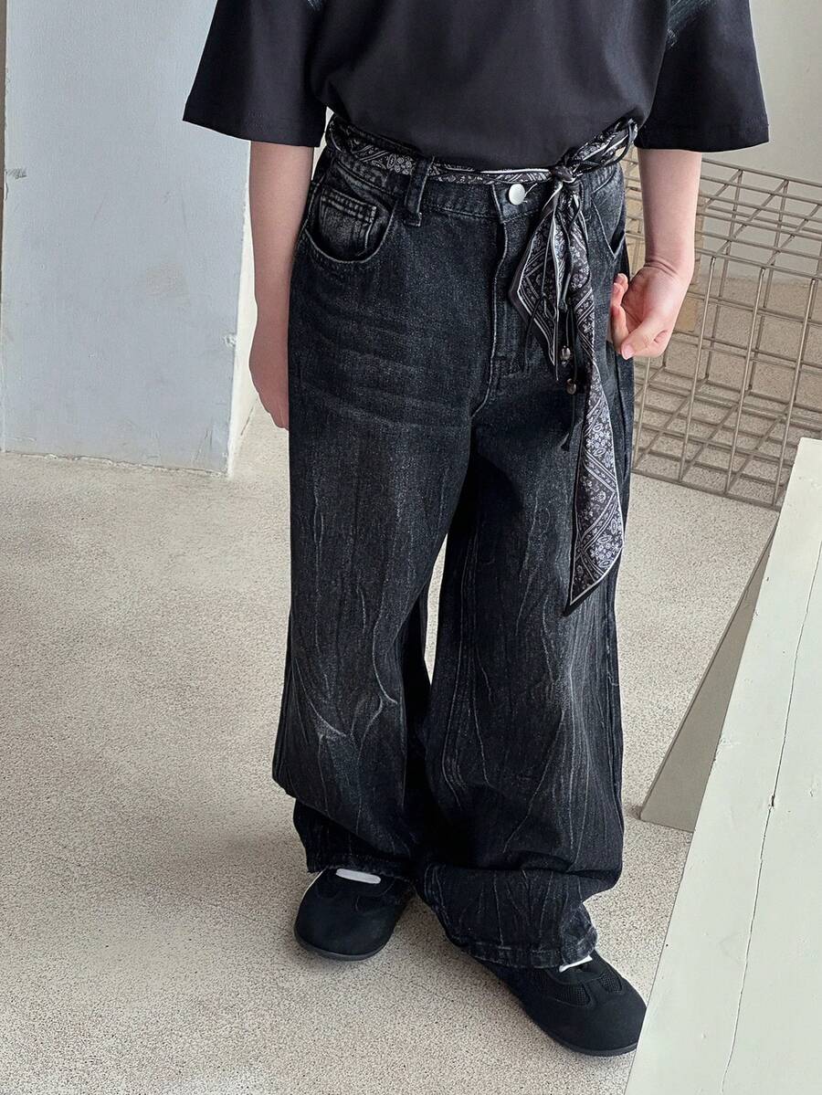 DAZY Tween Boy Pocketed Button Casual Versatile Daily Wear Wide Leg Jeans - Black - View 1