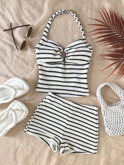 SHEIN Teen Girls 2-Piece Halter Top And Super Short Shorts Set, Black And White Striped, Pink Color, Leisure Vacation Textured, Suitable For Summer, Home, Teens