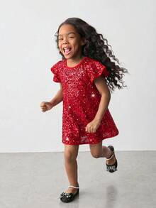 Maija Kids Maija Kids 女童圆领亮片荷叶边袖连衣裙 - 紅色 - 查看 3