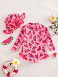 SHEIN Buy One Get One Free 2 Pieces Set: Baby Girl Cute And Versatile Casual Vacation Swimsuit With All-Over Watermelon Print, Plus A Hat. Perfect For Vacations And Spring/Summer. - Pink - View 6