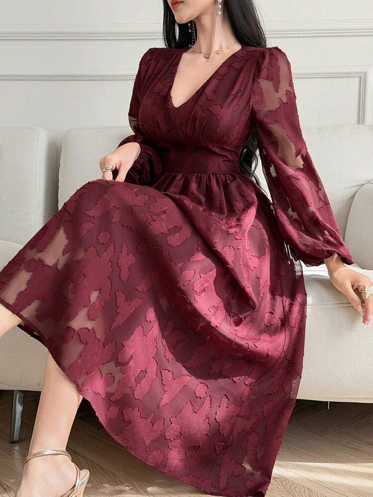 Women's V-Neck Long Sleeve Waist Cinched Textured Fabric Elegant Dress Sundress