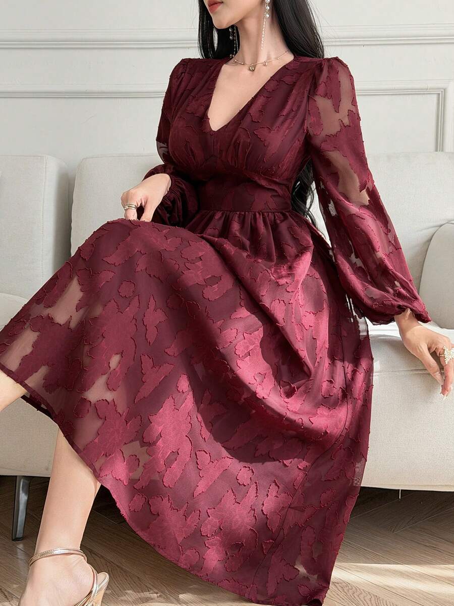 DAZY 女士V领长袖收腰纹理面料优雅连衣裙 - 酒紅色 - 查看 1