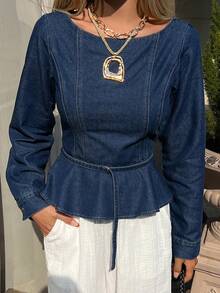 DAZY Women's Boat Neck Cinched Waist Waist Ruffle Hem Elegant Pullover Denim Top - Medium Wash - View 2