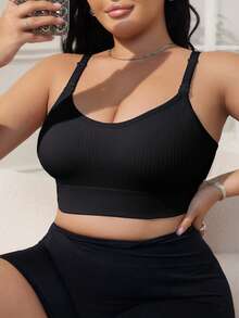 Moonlight&Mama 1pc Plus Size Seamless Ribbed Comfortable Nursing Bra Black Summer - Black - View 5