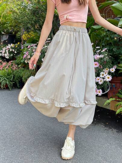 K-Vae Solid Color Drawstring Waist Ruffle Hem Casual Versatile Bubble Skirt