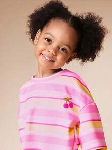 SUMWON Oversized Girls Horizontal Striped T-Shirt And Shorts Co-Ord Set Summer Casual Crew Neck Short Sleeve Two Piece Outfit - Pink - View 5