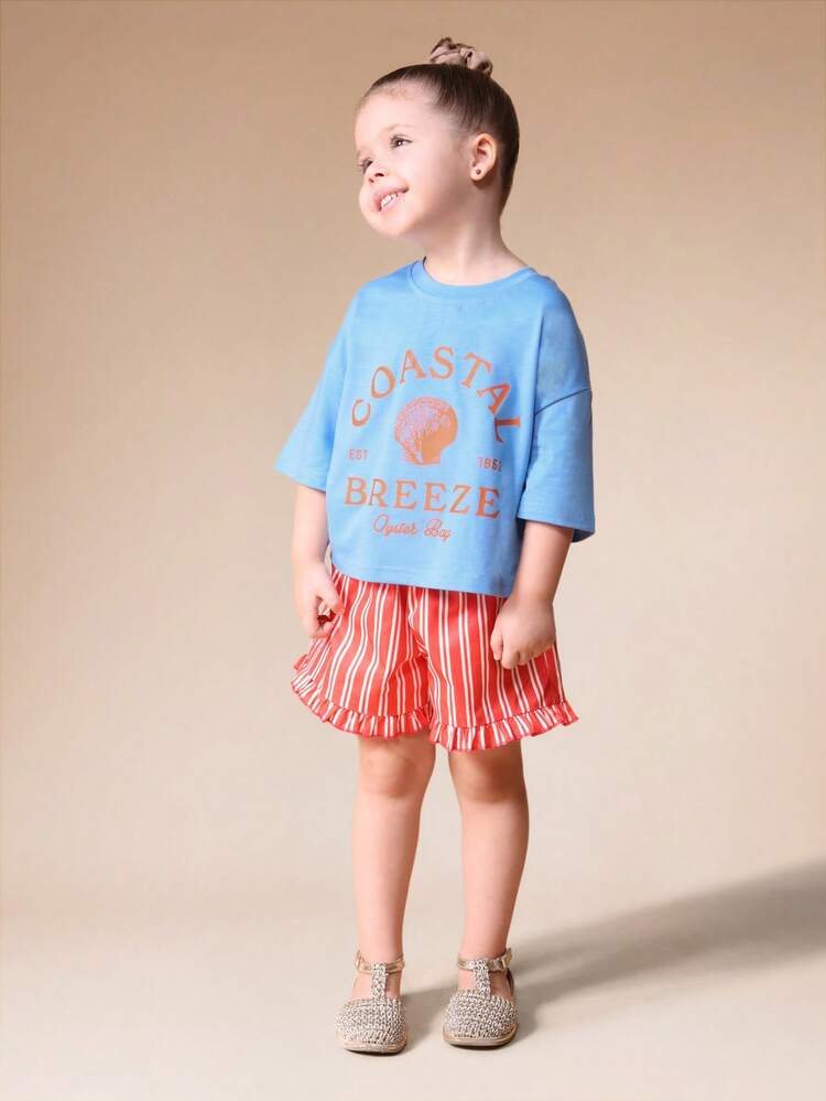 Graphic T-Shirt With Ruffle Striped Shorts Set