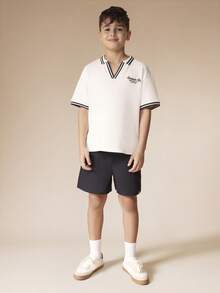 SUMWON Tween Boys Casual Polo Shirt And Shorts Co-Ord Set With V-Neck Collar And Contrast Stripe Trim Details Perfect Summer Two Piece Outfit - White - View 1