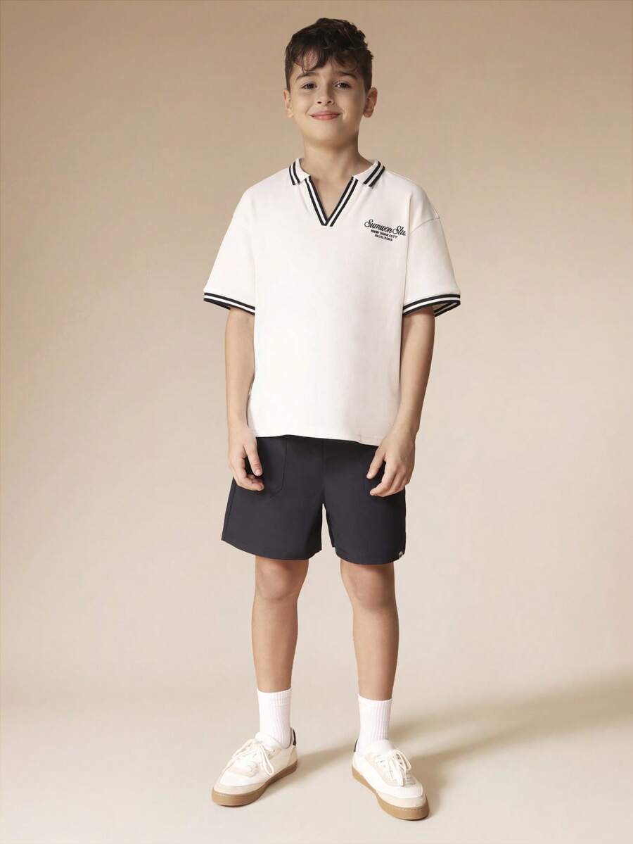 SUMWON Tween Boys Casual Polo Shirt And Shorts Co-Ord Set With V-Neck Collar And Contrast Stripe Trim Details Perfect Summer Two Piece Outfit - White - View 1