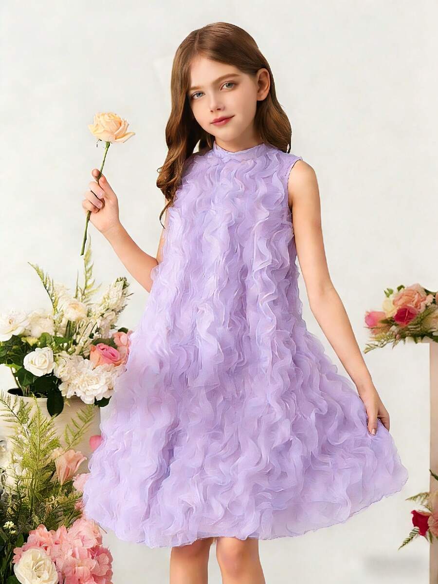 Stylish Tween Polyester Purple A Line Dress Sleeveless Flared Short Length With Zipper And Ruffle Pattern - Purple - View 1
