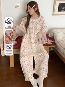 DAZY Cute Bear Pattern All-Over Print Loose Women's Pajama Jumpsuit - Beige - View 3