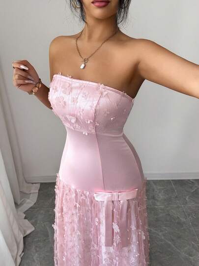 Elenzga فستان أنيق وناعم ذو رومانسية وبريق من الشبك المزين بزهور ثلاثية الأبعاد، خصر مشدود وذيل متسع، وردي بدون أكتاف، مناسب للربيع والصيف