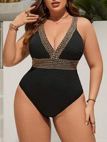 Swim Lushoire Summer Beach Plus Stitch Detail Tape Panel Plunging Neck One Piece Swimsuit - Black - View 5