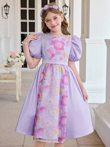 SHEIN Đầm công chúa tay ngắn dáng chữ A màu tím thanh lịch đính cườm và thêu họa tiết, cổ Peter Pan, dành cho bé gái tuổi teen. - Màu tím - Xem 10