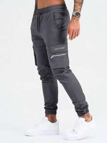Manfinity Homme Loose Men's Letter Graphic Flap Pocket Cargo Pants - Dark Grey - View 3