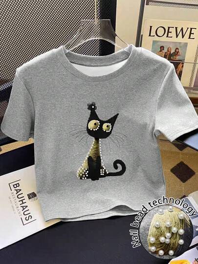 Resyla Cute Black Cat Print Beaded Short Sleeve T-Shirt, Round Neck Loose Fit Youthful Top