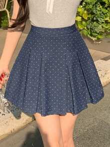 DAZY Chân váy ngắn xếp ly chấm bi nữ, kiểu dáng thường ngày, đa năng, thích hợp cho buổi hẹn hò. - Màu xanh lam - Xem 2