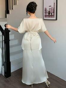 DAZY 2pcs Women Satin Waist Shirt And Skirt Set - Yellow - View 3