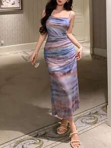 DAZY Charming Ombre Mesh Ruched Waist Long Slip Dress For Women - Blue - View 4