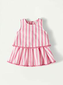 Maija Kids 两件套少女优雅都市校服风格粉色条纹荷叶边圆领背心和短裤套装，适合返校、日常休闲穿着、外出、聚会、假期、春夏穿着。 - 彩色 - 查看 2