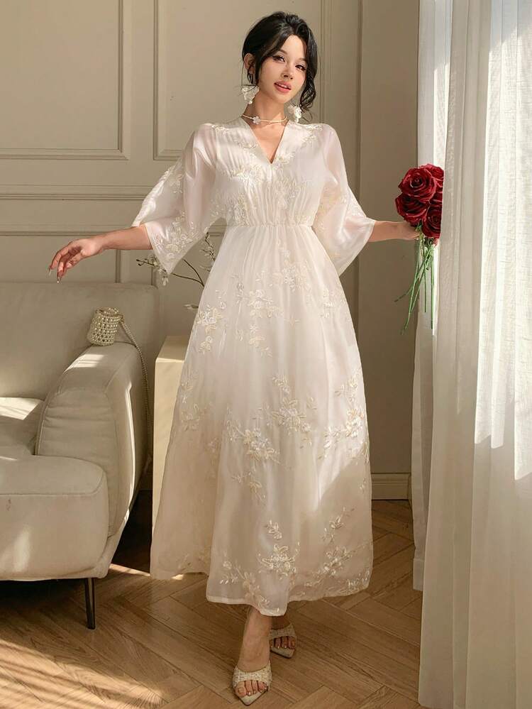 Women's V-Neck Short Sleeve Floral Embroidered Waist Cinched Dress, Elegant Sundress