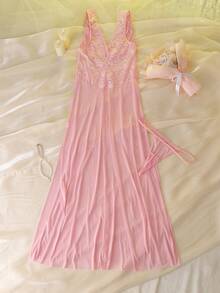 DelicateAllure Women's Contrast Lace High Slit Hem Semi-Sheer Sexy Nightgown And Thong Set - Dusty Pink - View 2