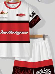 两件套青少年男童休闲舒适时尚简约圆领短袖T恤和短裤套装，经典赛车图案印花，72号数字，赛车方格旗设计，赛车文化文字图案印花，适合运动穿着 - 彩色 - 查看 5