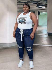 CurvyTilda Plus Drawstring Waist Ripped Frayed Skinny Jeans - Dark Wash - View 1
