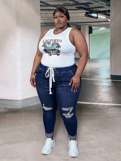 CurvyTilda 大碼腰部抽繩破洞抽鬚緊身牛仔褲