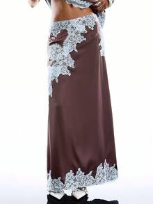 LYSMO Chân váy nữ dáng suông cạp thấp phối ren tương phản phong cách vintage, thích hợp mặc hàng ngày. - Cà phê nâu - Xem 5