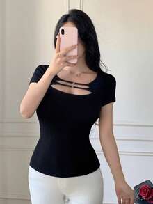 K-Vae Hollow Out Short Sleeve Fitted Elegant Sexy Crop Top - Black - View 3