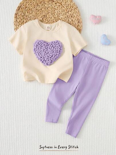 Cozy Pixies 2pcs Baby/Toddler Girl Heart Graphic T-Shirt And Pants Set, Embroidered Heart Pattern Round Neck Short Sleeve Soft Knit Top, Elastic Waist Pants, Cute & Comfortable, Versatile For Casual, Sports, Holiday, Travel, Everyday Wear