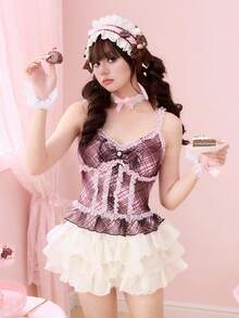ROMWE Kawaii Women's Cute Lace Trim Bow Plaid Camisole - Pink - View 7